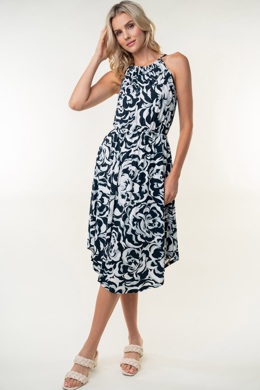 White Birch Tied Ruched Floral Sleeveless Knee Length Dress-2