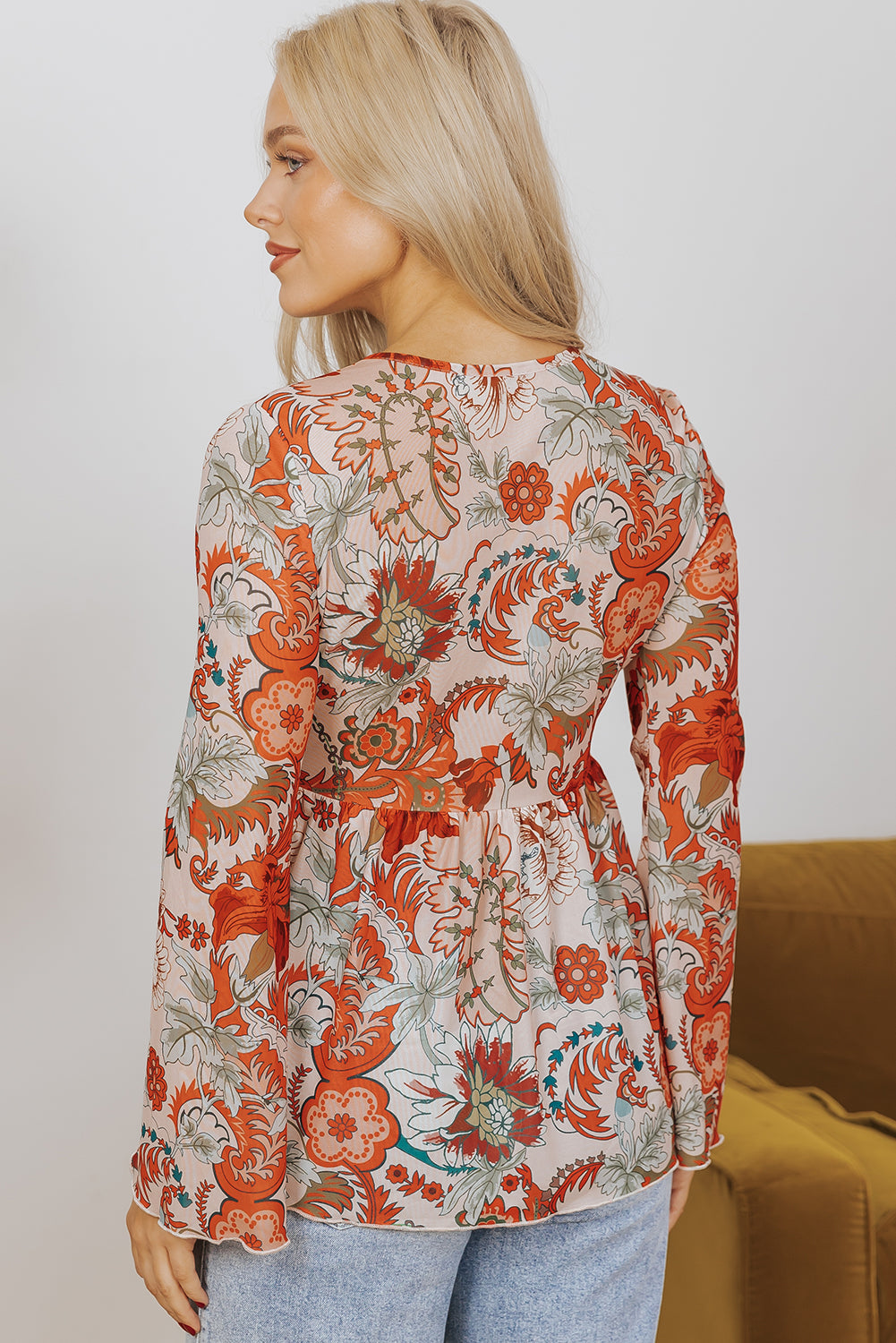 Celeste Floral V Neck Knot Bell Sleeve Blouse-1