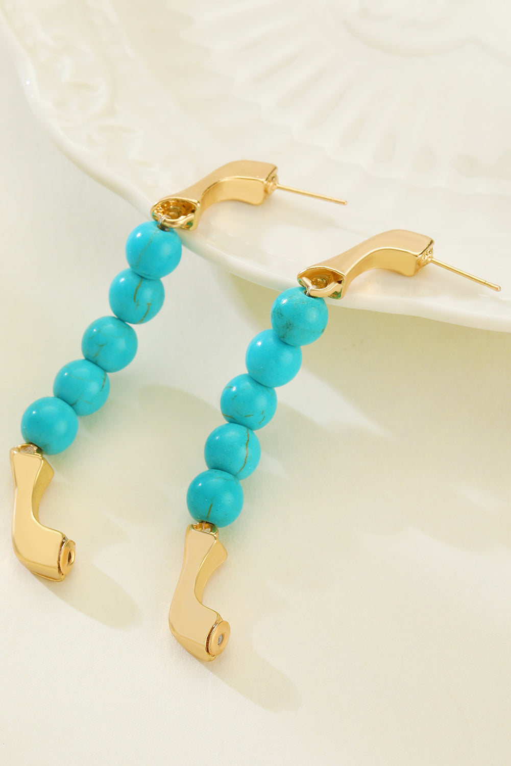 Gold Turquoise Bead Plated Alloy Hook Earrings-2