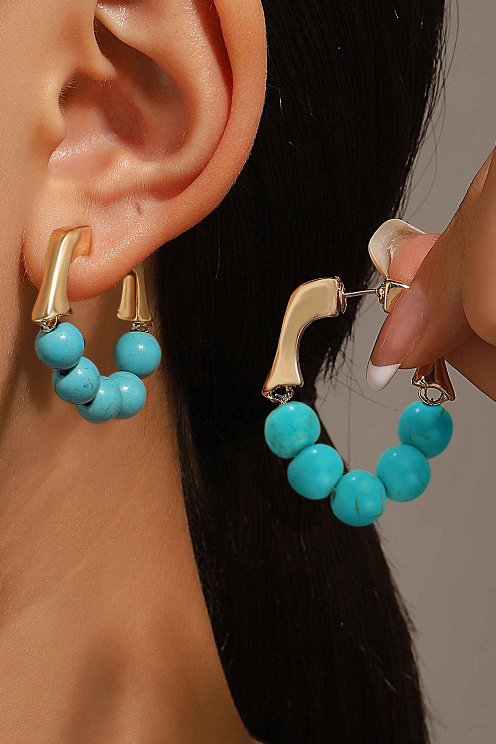 Gold Turquoise Bead Plated Alloy Hook Earrings-4