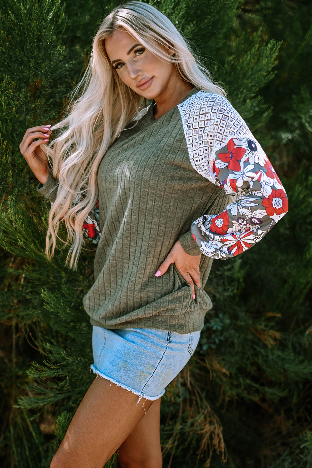 Bailey Patchwork Long Sleeve Ribbed Blouse-2