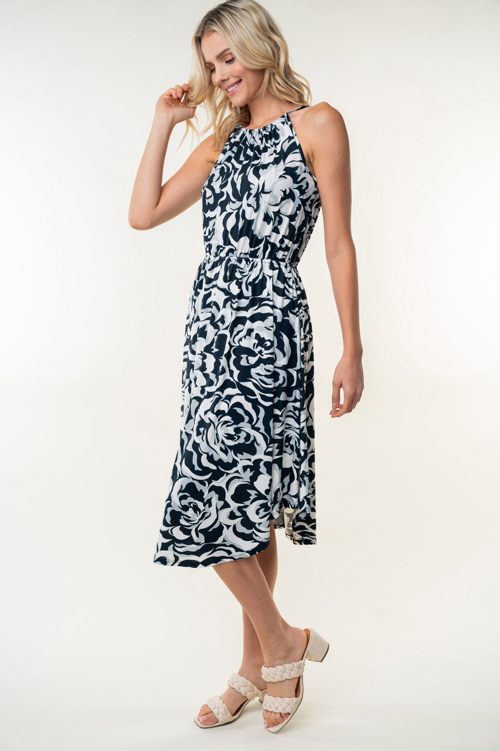 White Birch Tied Ruched Floral Sleeveless Knee Length Dress-4