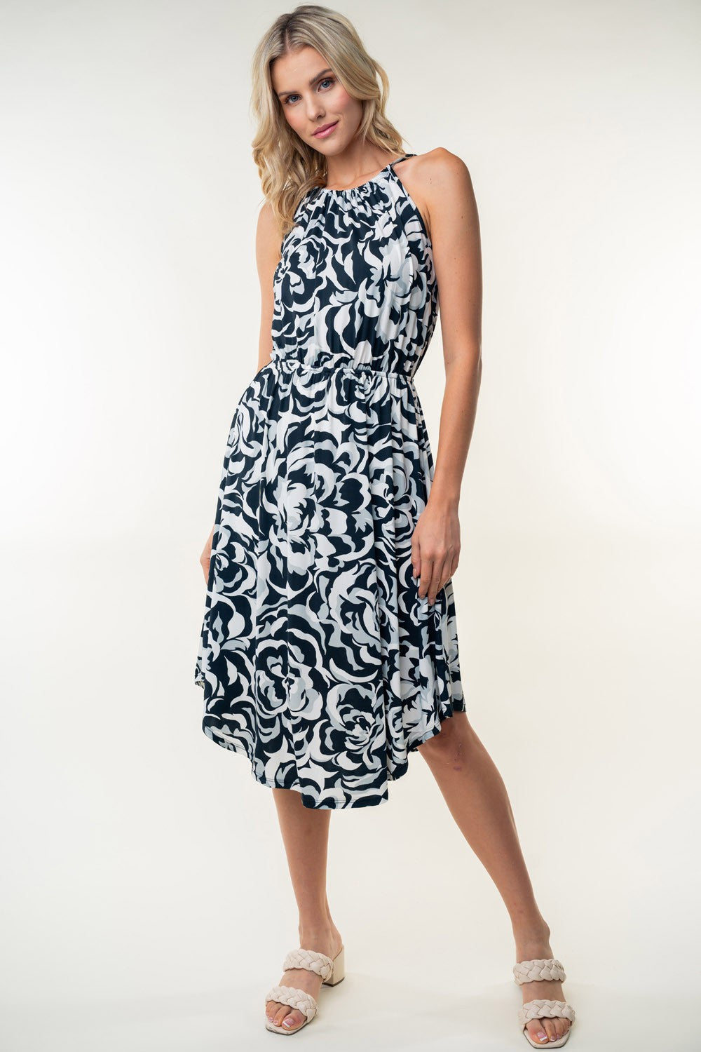 White Birch Tied Ruched Floral Sleeveless Knee Length Dress-3