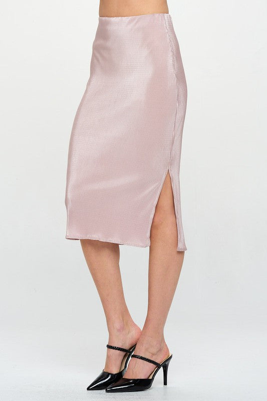 Solid Plisse Midi Skirt with Slit and Elastic Waistband-2
