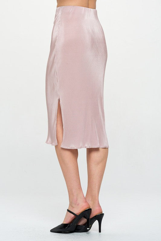 Solid Plisse Midi Skirt with Slit and Elastic Waistband-1