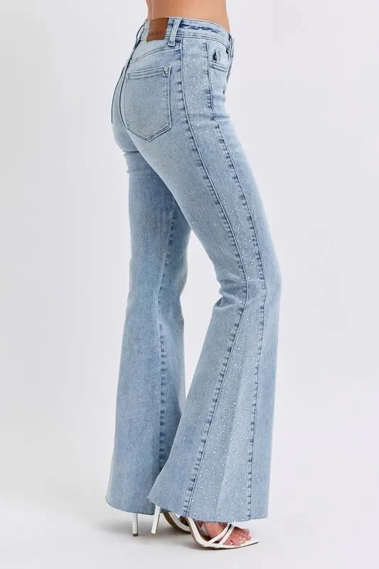 Judy Blue Full Size Mid Rise Rhinestone Side Panel Detail Flare Jeans Plus Size-1