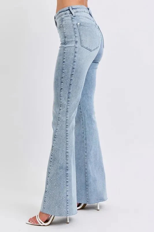 Judy Blue Full Size Mid Rise Rhinestone Side Panel Detail Flare Jeans Plus Size-3