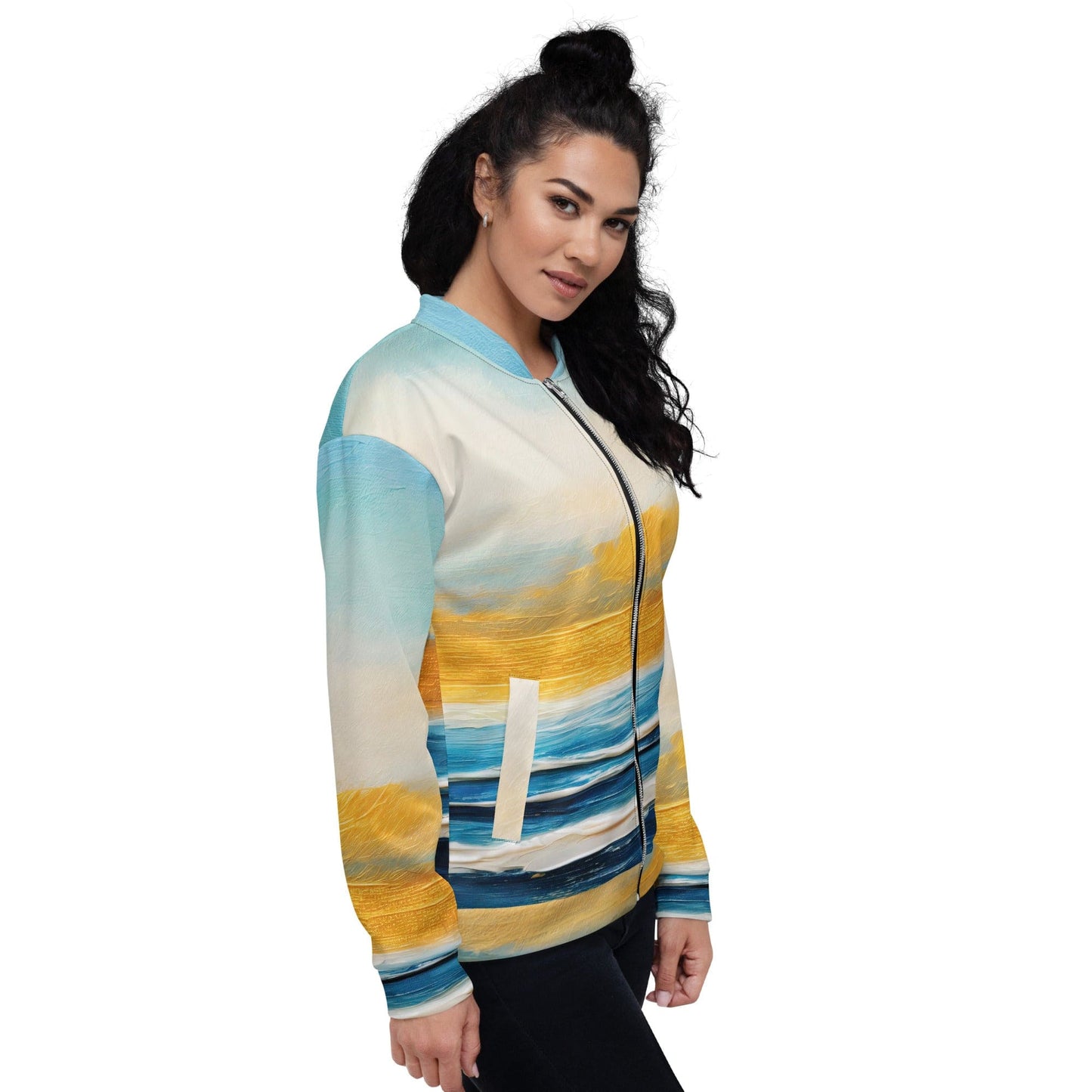 Womens Bomber Jacket - Blue Ocean Golden Sunset Print 6-2