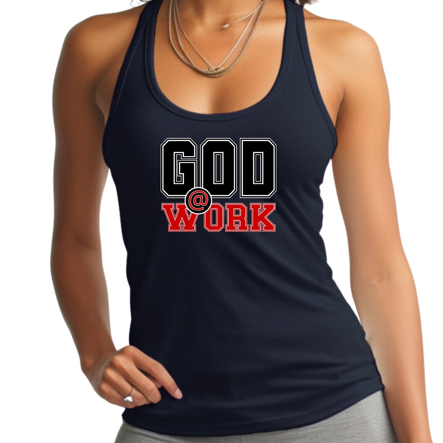 Womens Fitness Tank Top Graphic T-shirt - God @ Work Black and Red-2
