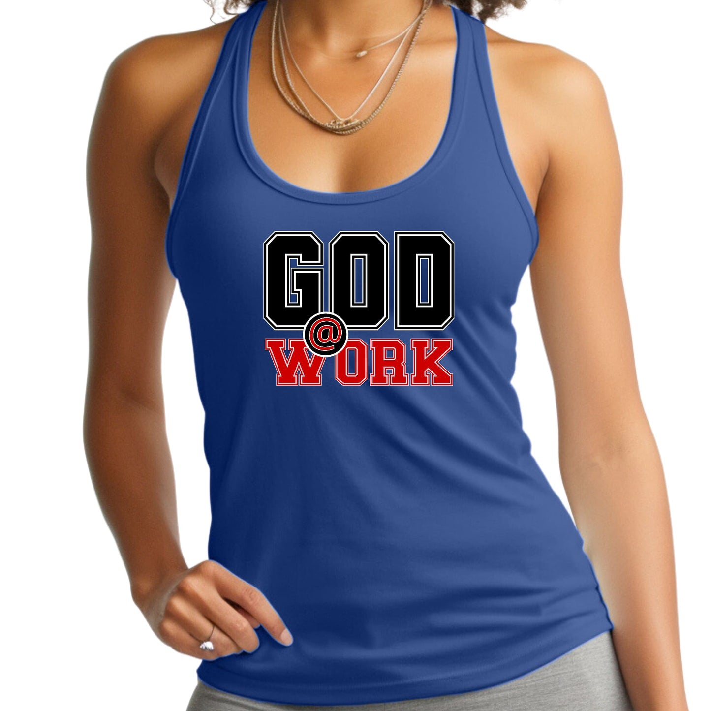 Womens Fitness Tank Top Graphic T-shirt - God @ Work Black and Red-3