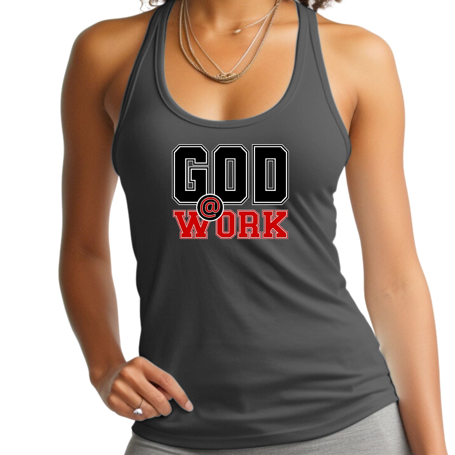 Womens Fitness Tank Top Graphic T-shirt - God @ Work Black and Red-4