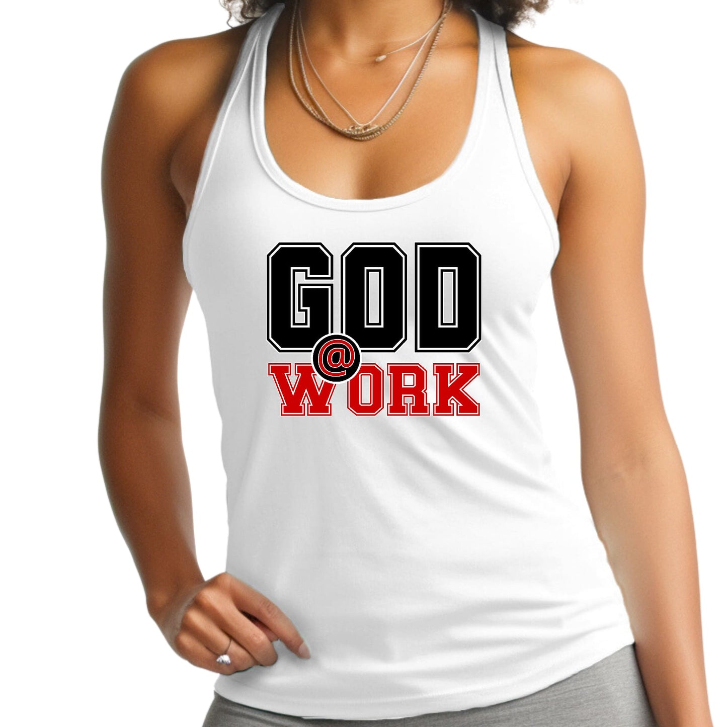 Womens Fitness Tank Top Graphic T-shirt - God @ Work Black and Red-7