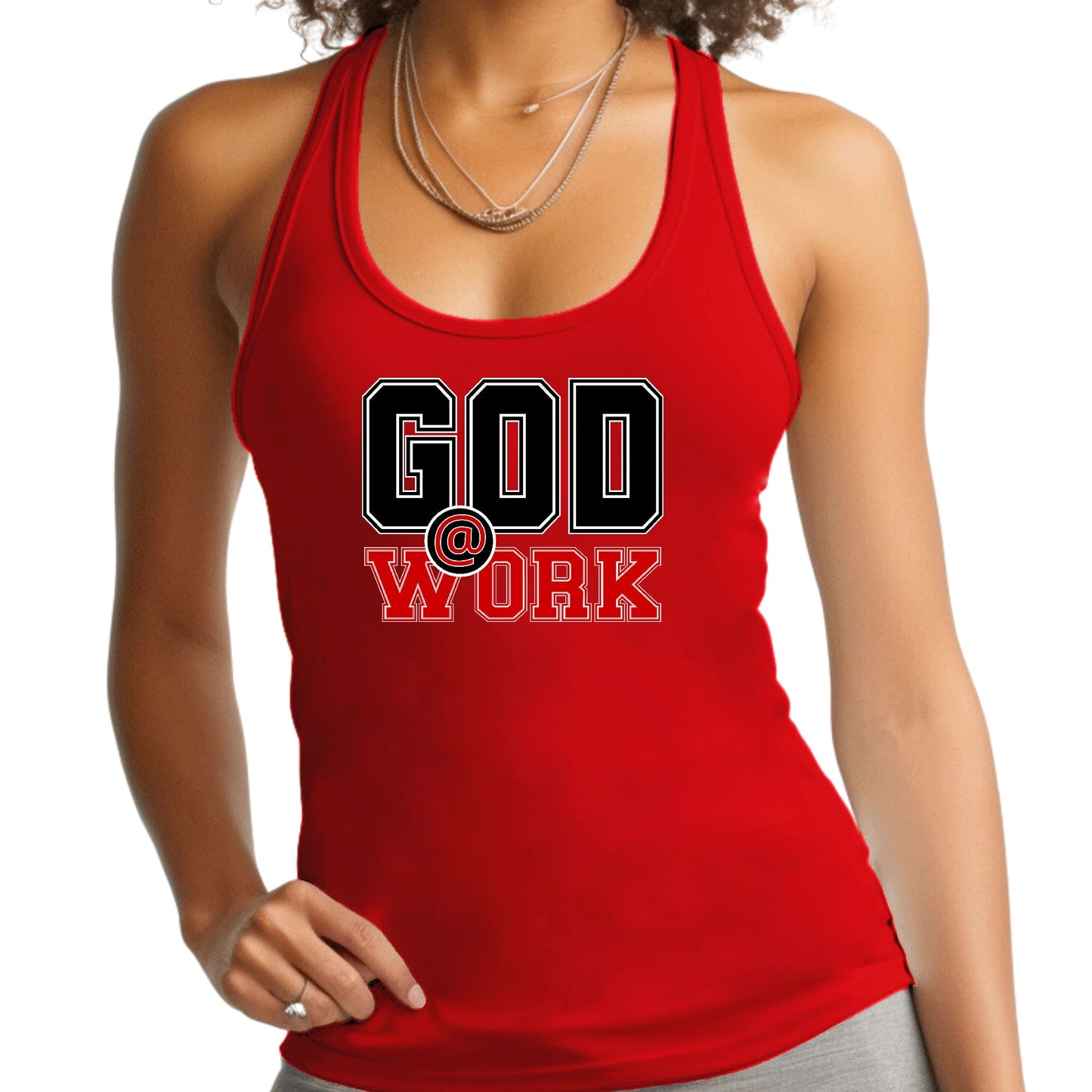 Womens Fitness Tank Top Graphic T-shirt - God @ Work Black and Red-1