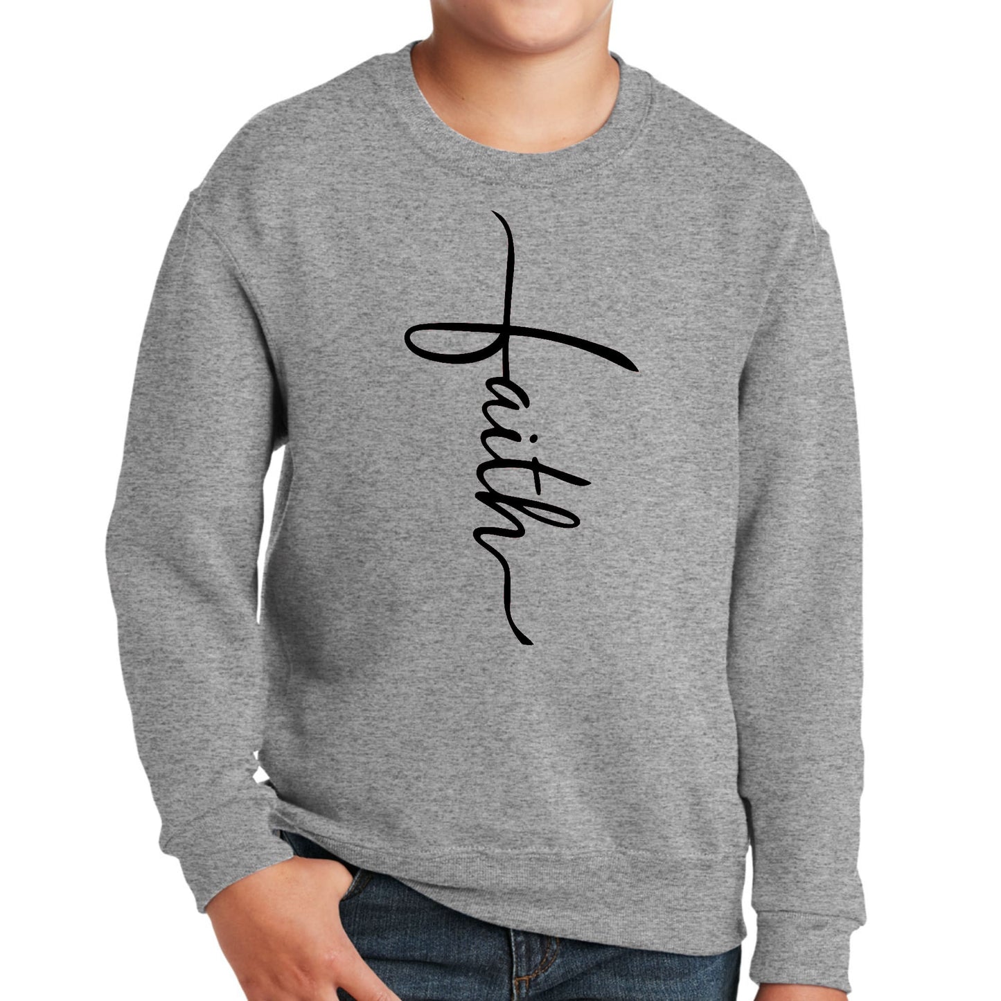 Youth Graphic Sweatshirt Faith Script Cross Black Illustration-1
