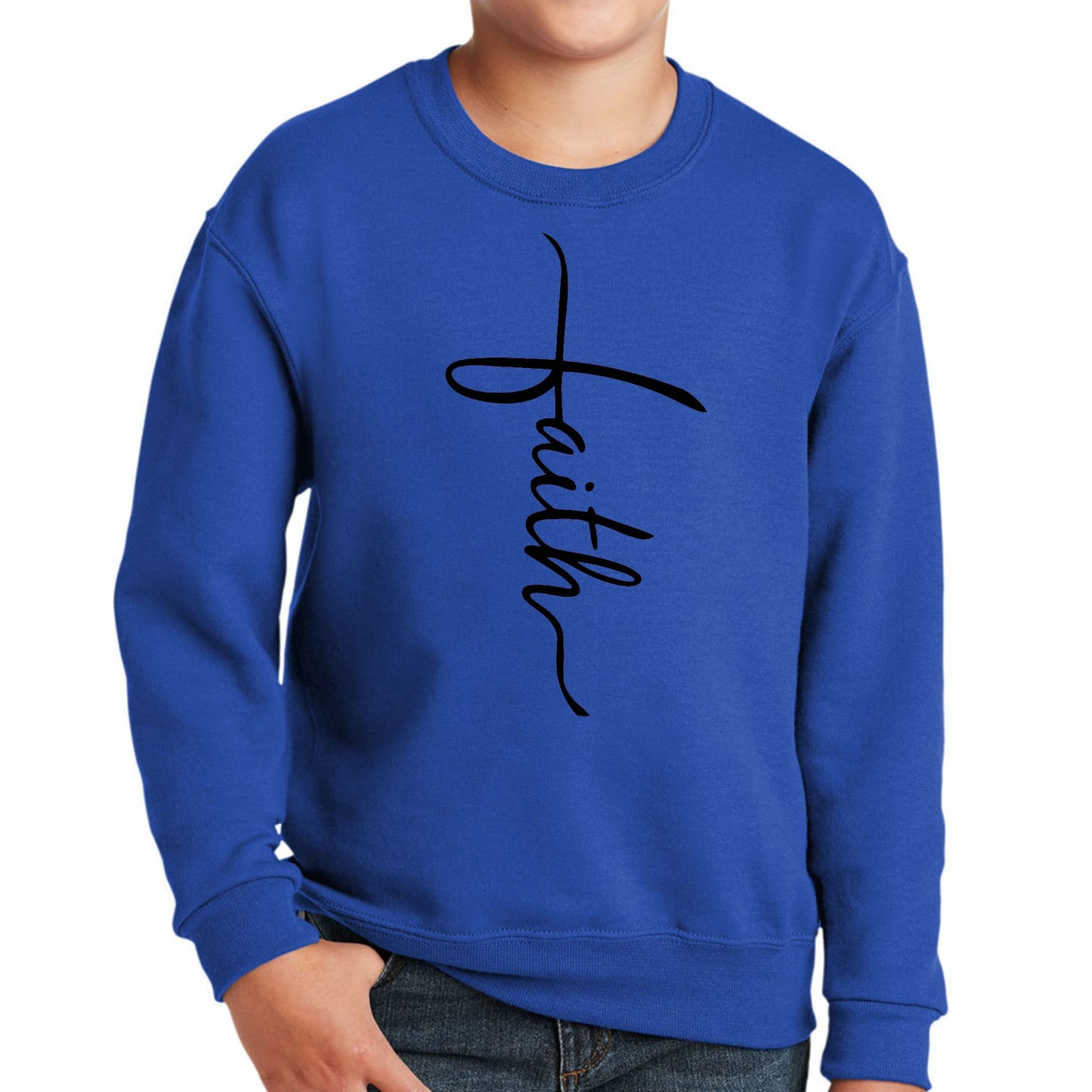 Youth Graphic Sweatshirt Faith Script Cross Black Illustration-3