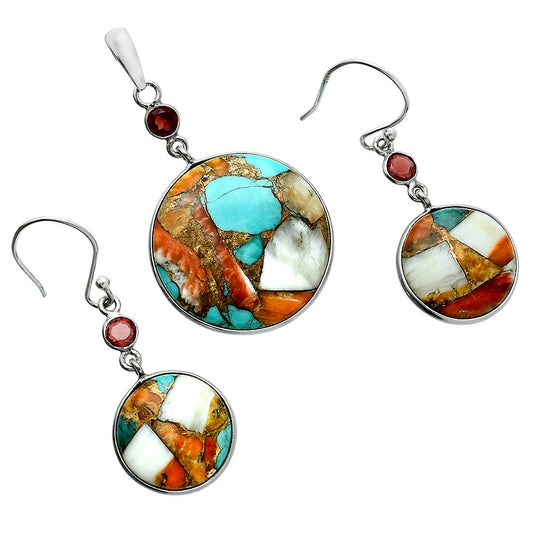 Premium Spiny Oyster Turquoise & Garnet Pendant Earrings Set T-1010 32-ET10082-0