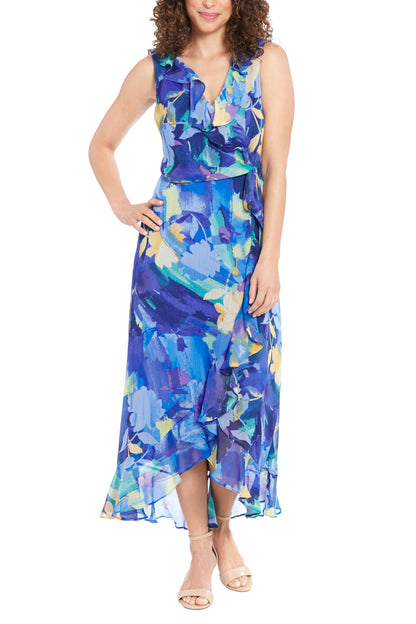 London Times Rosie Ruffled V-Neckline Back Zipper Closure Faux Wrap Maxi Dress-0