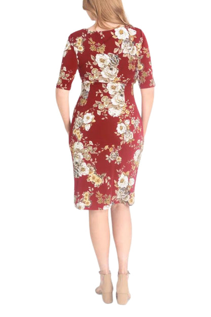 Connected Apparel Short Sleeve Knee Length Faux Wrap Dress-1
