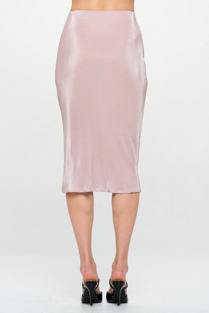 Solid Plisse Midi Skirt with Slit and Elastic Waistband-3