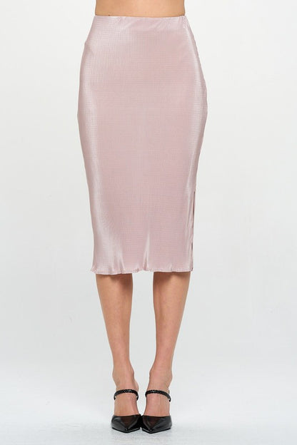 Solid Plisse Midi Skirt with Slit and Elastic Waistband-0
