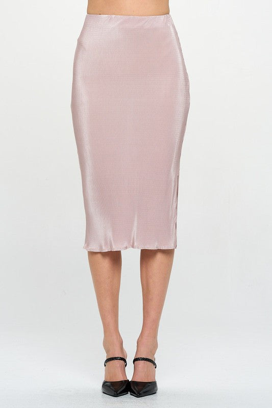 Solid Plisse Midi Skirt with Slit and Elastic Waistband-0
