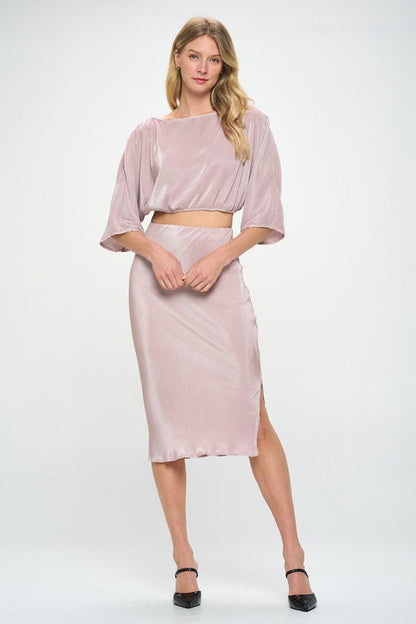 Solid Plisse Midi Skirt with Slit and Elastic Waistband-4