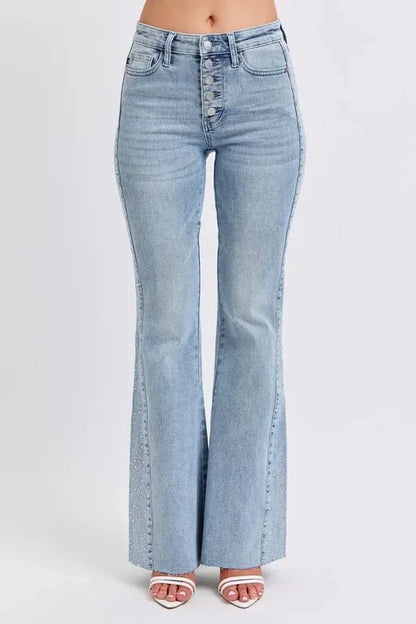 Judy Blue Full Size Mid Rise Rhinestone Side Panel Detail Flare Jeans Plus Size-0