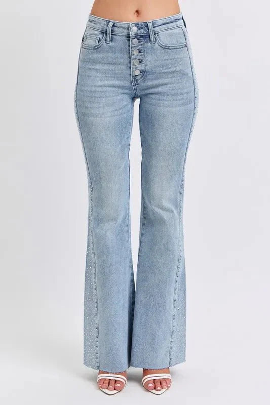 Judy Blue Full Size Mid Rise Rhinestone Side Panel Detail Flare Jeans Plus Size-0