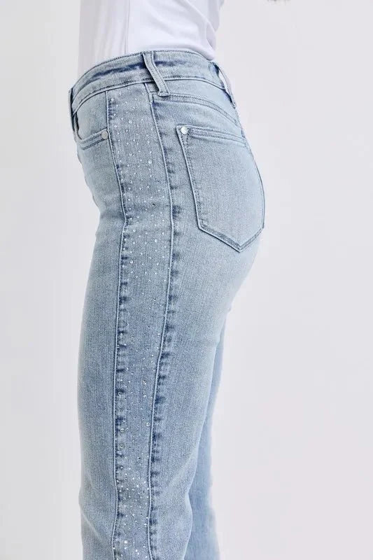 Judy Blue Full Size Mid Rise Rhinestone Side Panel Detail Flare Jeans Plus Size-4