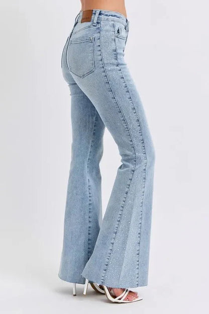Judy Blue Full Size Mid Rise Rhinestone Side Panel Detail Flare Jeans Plus Size-1