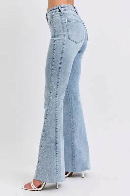 Judy Blue Full Size Mid Rise Rhinestone Side Panel Detail Flare Jeans Plus Size-3