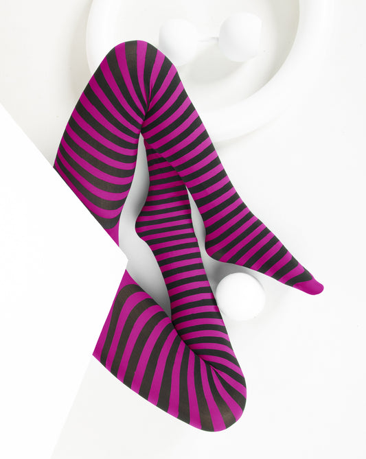 Kids Black Striped Tights 70 Denier - Fuchsia-0