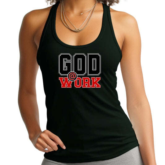 Womens Fitness Tank Top Graphic T-shirt - God @ Work Black and Red-0