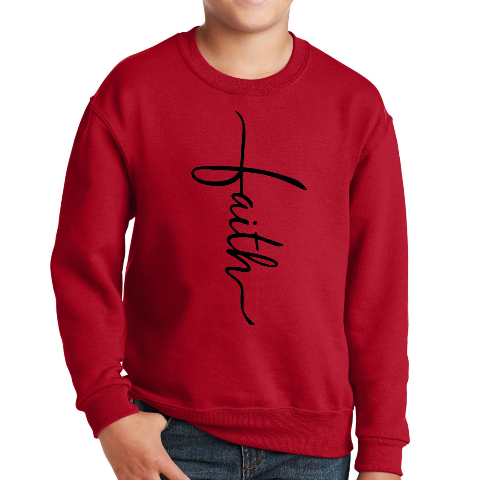 Youth Graphic Sweatshirt Faith Script Cross Black Illustration-2
